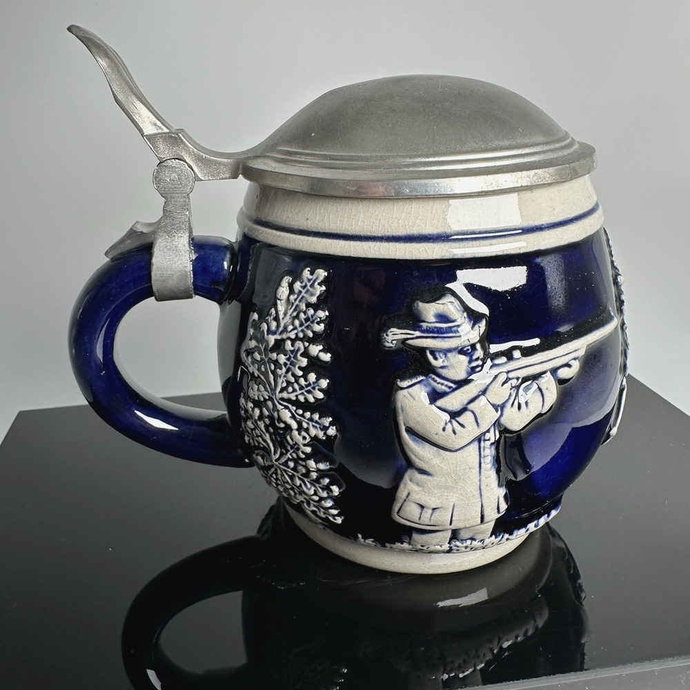 Gerz West Germany Beer Stein Good Shot Hunting Scene Pewter 1/2L Cobalt Blue Vtg